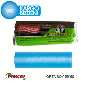 KESPACK Orta Boy Çöp Torbası 55 cm x 60 cm Mavi Tek Rulo